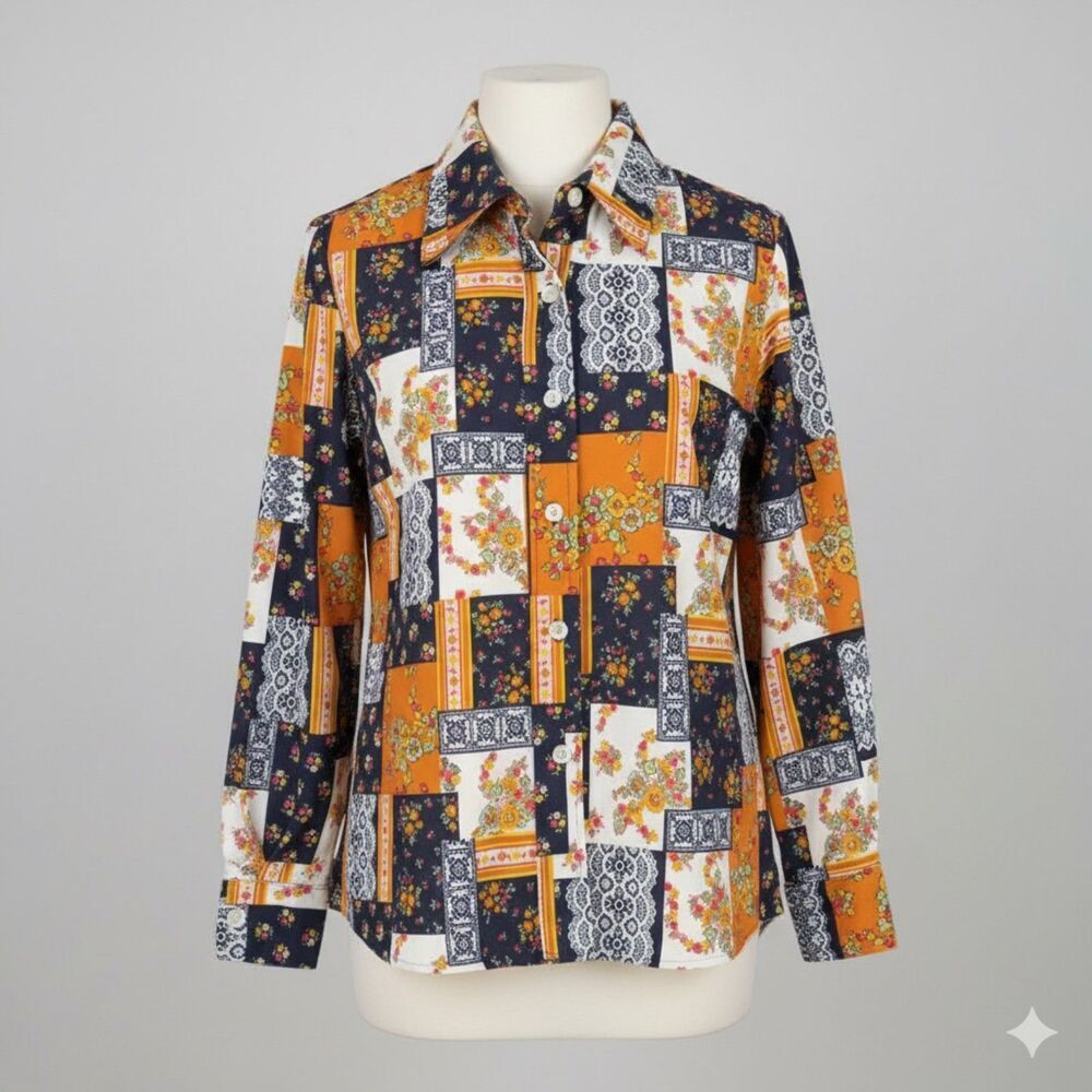 Vintage 70s Alan Green multicolored buttons down shirt size 14 fit S